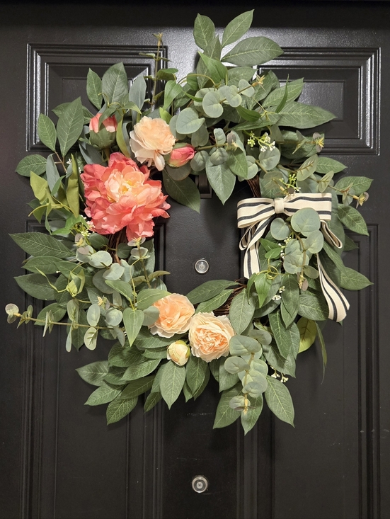 Hand Crafted Other - Spring Everyday Wreath  with Pink Peony, Renunculus, Greenery, and Striped Bow